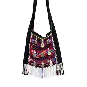 Guatemala Beaded Fringe Coin Crossbody Black Bag